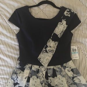 Navy Blue Floral Dress Prom Dance Short Sleeve